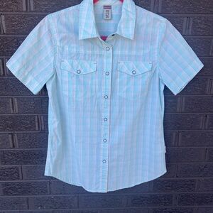 Stio Curtis Camp Short Sleeve Shirt Women’s Light Green Plaid  Shirt Sz S